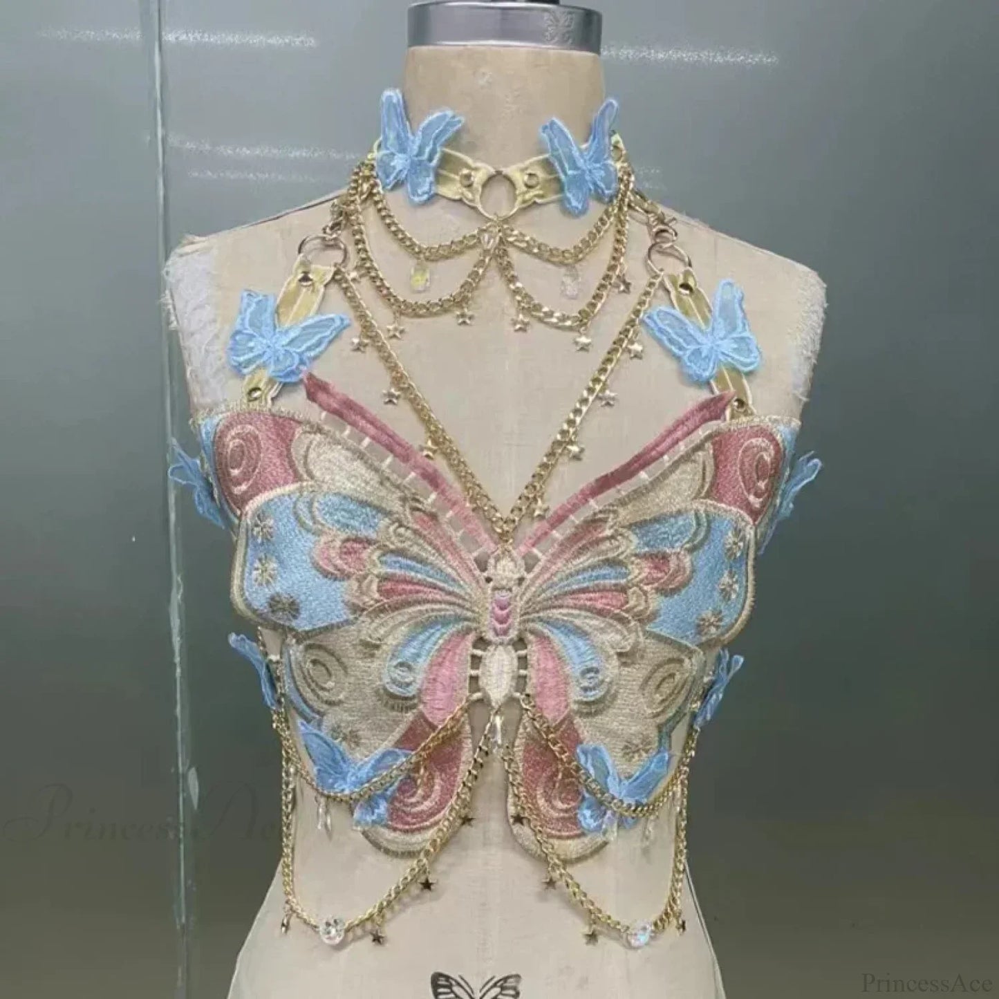 Butterfly Embroidered Crystal Chain Backless Crop Top