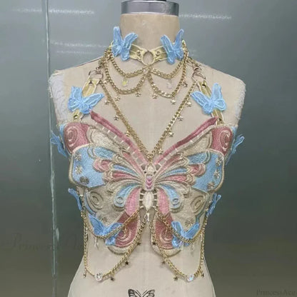 Butterfly Embroidered Crystal Chain Backless Crop Top