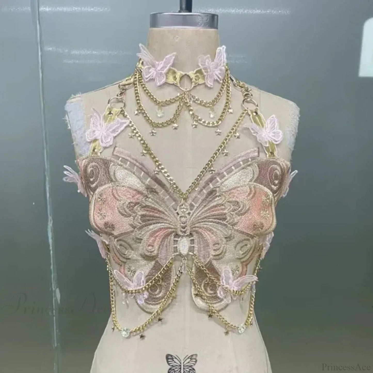 Butterfly Embroidered Crystal Chain Backless Crop Top