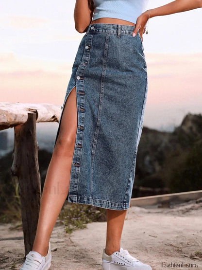 Button A-line Side Split Office Lady Midi Skirt