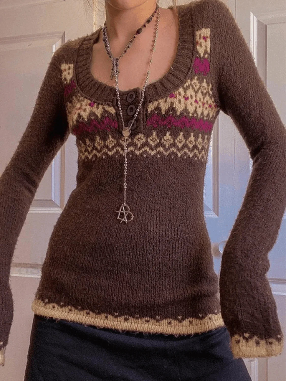 Jacquard Knit Button Sweater