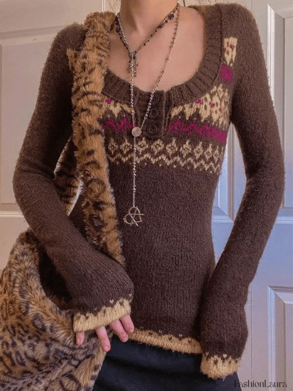 Jacquard Knit Button Sweater