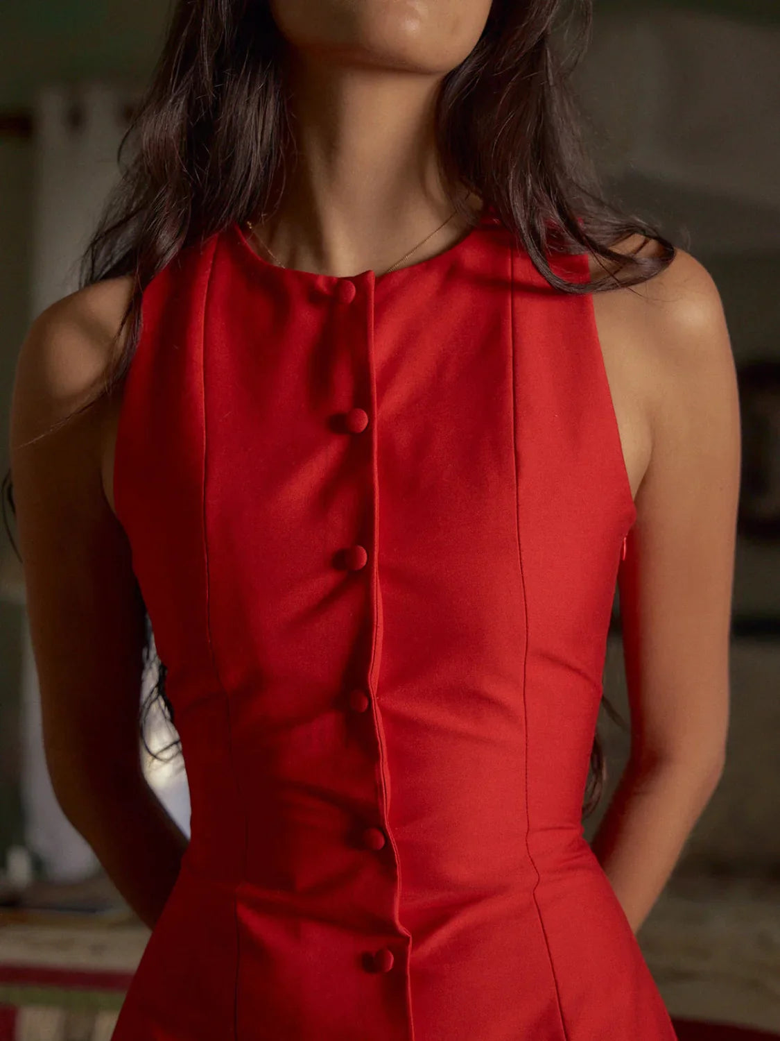 Button-Front Sleeveless Short Dress