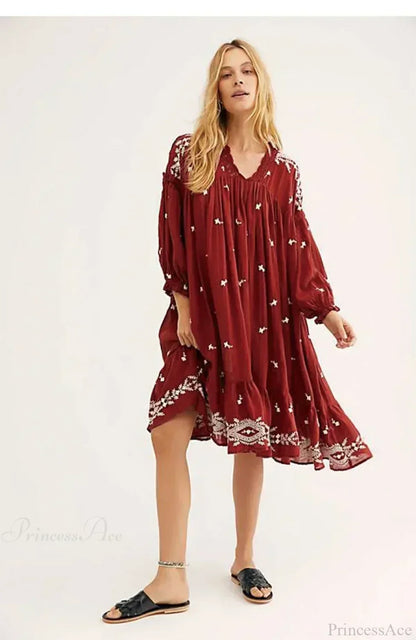 Button Up Black Embroidery Vintage Cotton Boho Dress
