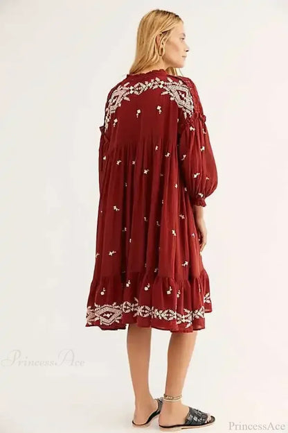 Button Up Black Embroidery Vintage Cotton Boho Dress