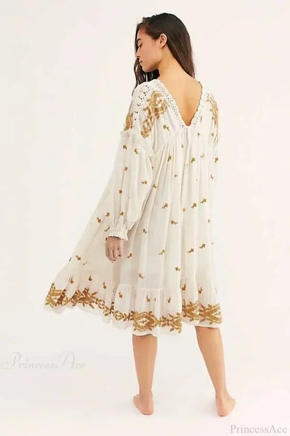 Button Up Black Embroidery Vintage Cotton Boho Dress