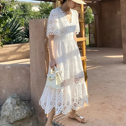 Button Up Embroidery Lantern Sleeve Cotton Boho Dress