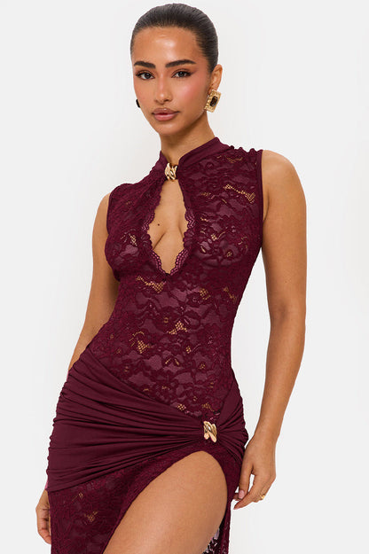 Floral Lace Mandarin Collar Keyhole Sash Wrap High Split Maxi Gown