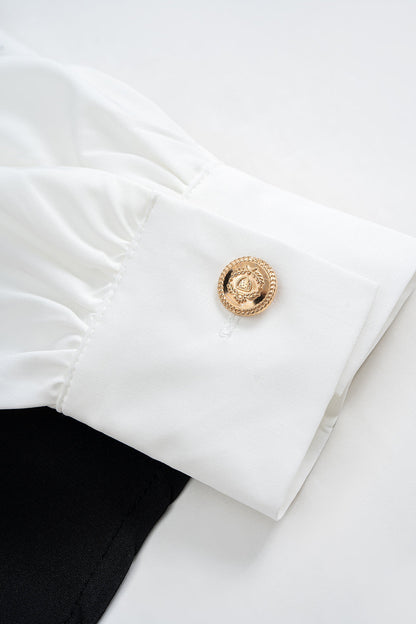 Metallic Decor Contrast Pleated V-Neck Long-Sleeve Shirt