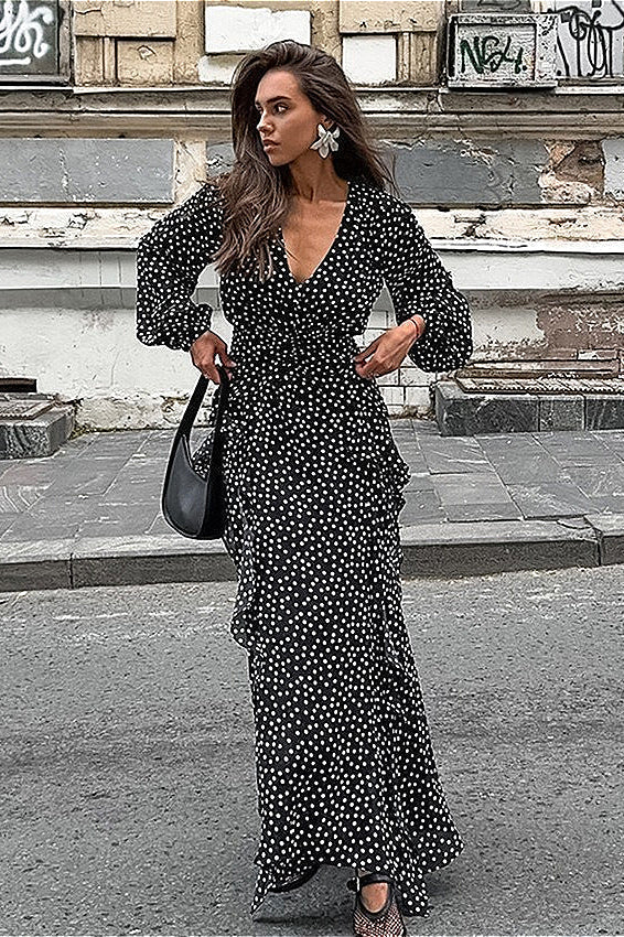 Polka Dot Wrap V-Neck Balloon Sleeve Ruffle Front Maxi Dress