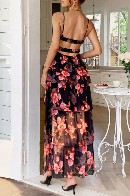 Deep V Neck Spaghetti Strap Floral Tiered Ruffle Maxi Dress