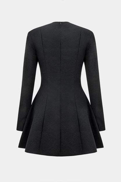 Deep V Neck Long Sleeve Flap Pocket Flared A Line Mini Dress