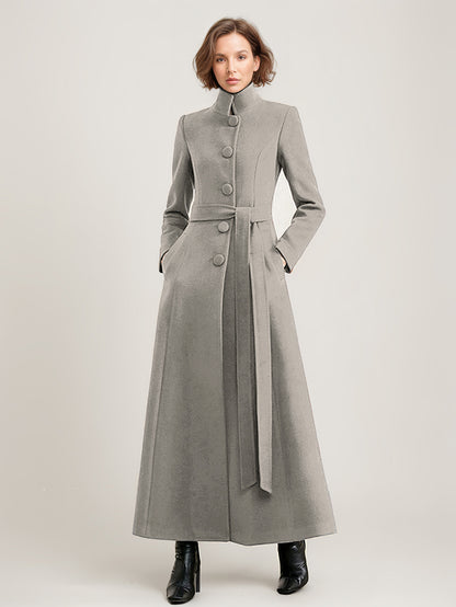 Wool Blend Long Coat Black Belted Stand Collar Winter Full Length Outerwear For Women 2026