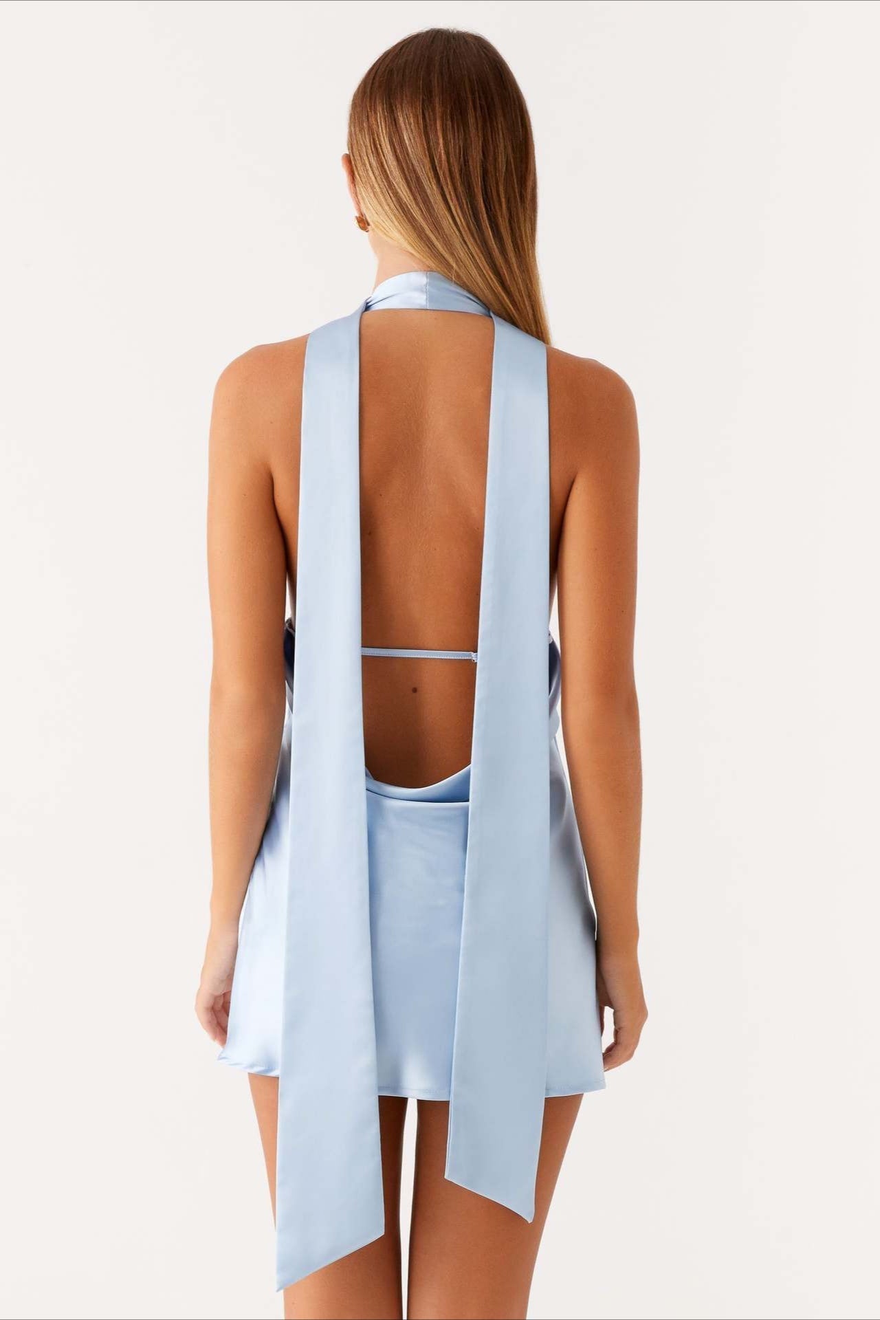Satin Halter Scarf Tie Deep V-Neck Open Side Backless Mini Dress
