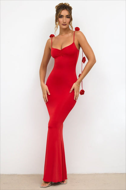Strappy 3D Floral Maxi Party Dress