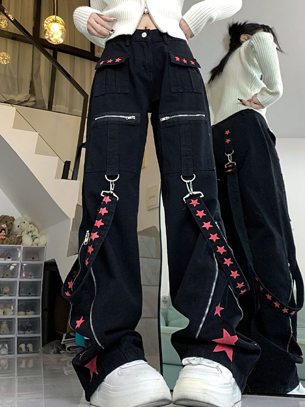 Contrast Color Ribbon Metal Decoration Cargo Jeans