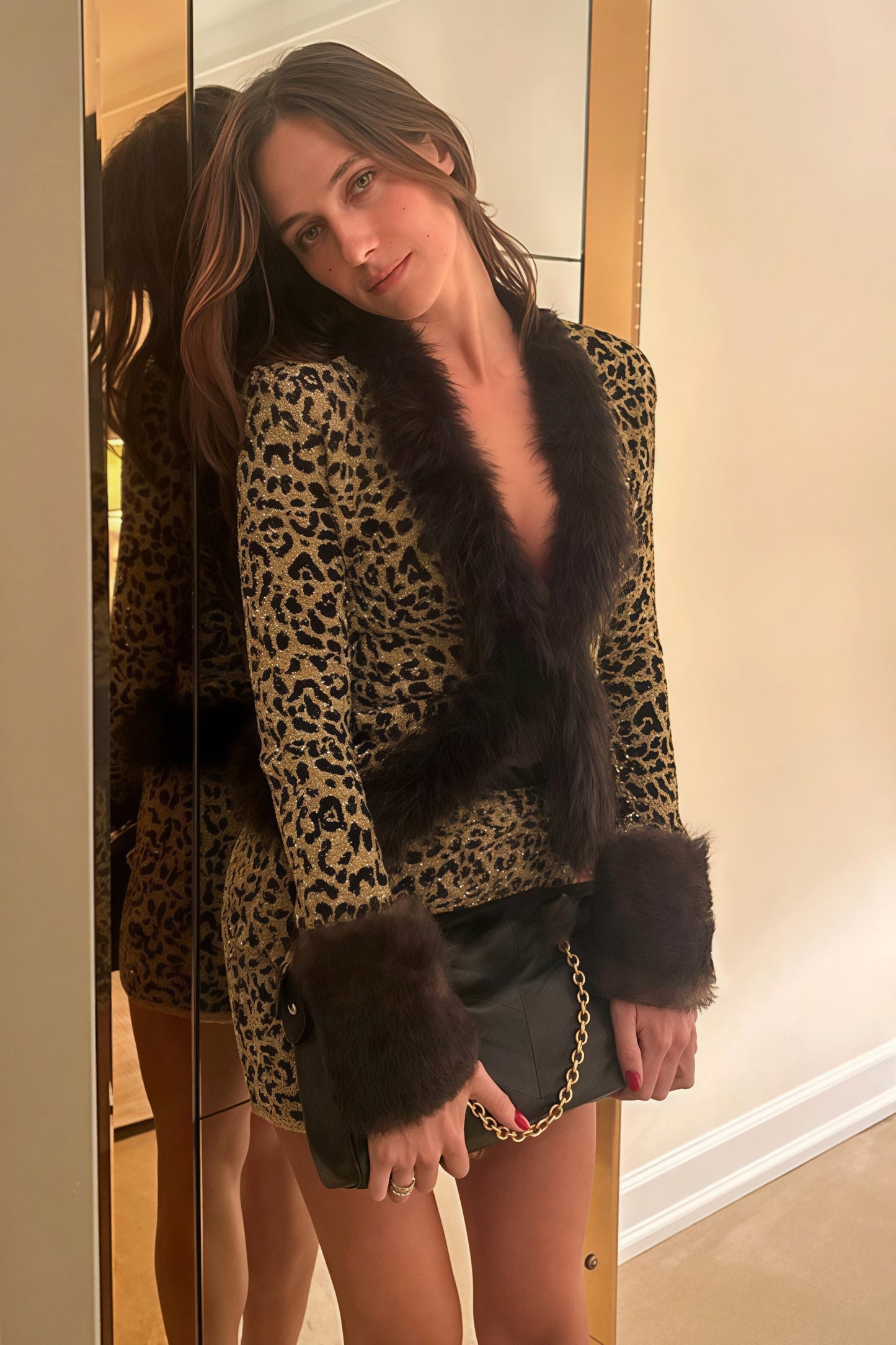 | Leopard Print Fur Collar Two Piece Set