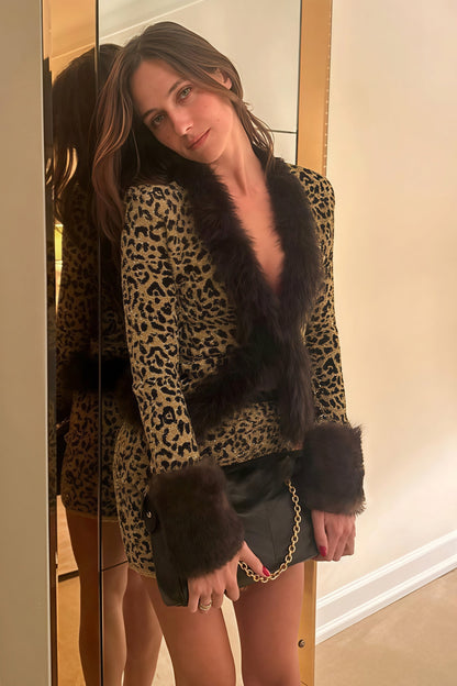 | Leopard Print Fur Collar Two Piece Set