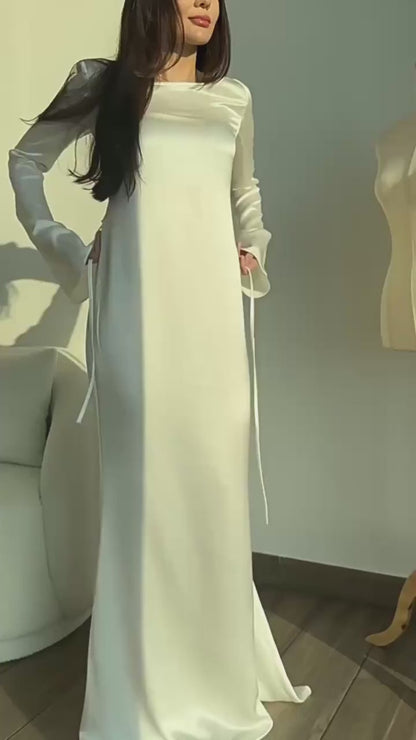 Crew Neck Bell Sleeve Satin Column Floor Length Maxi Gown