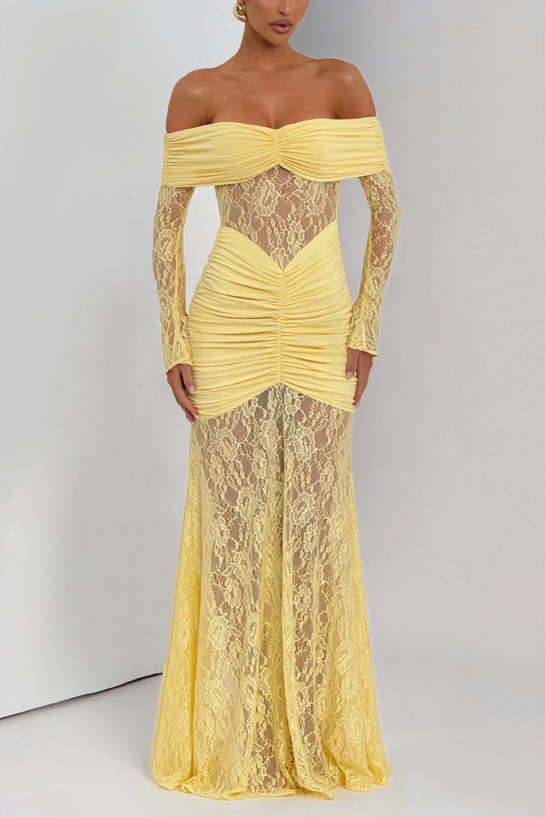 Solid Color Patchwork Lace Off-shoulder Long-sleeved Pleated Slim-fit Maxi Dress