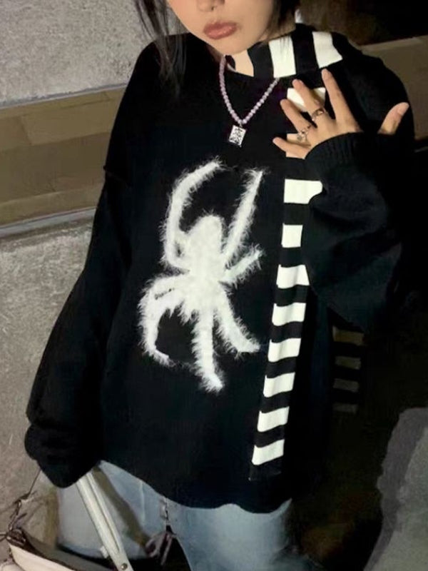 Plush Spider Print Loose Sweater