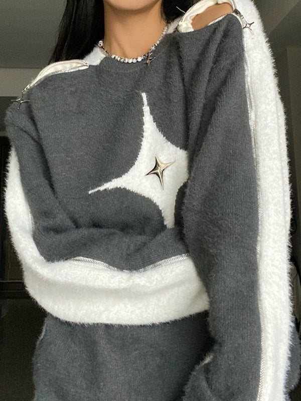 Star Decor Zipper Cutout Loose Sweater