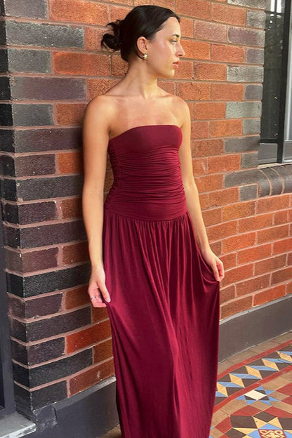 Strapless Ruched Bodice Dropped Waist Flowy Maxi Dress