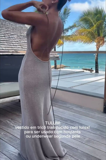 Strolling on The Beach Knit Metallic Fabric Chain Shoulder Strap Backless Maxi Dress
