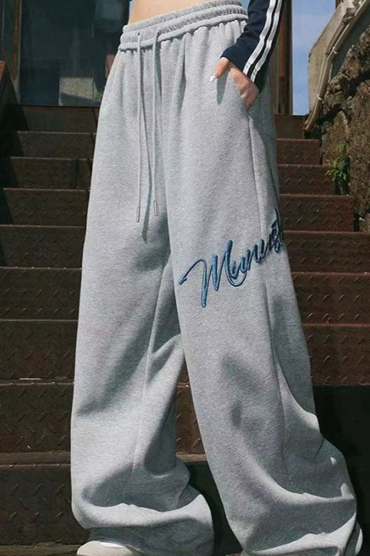 Embroidered Loose Wide Leg Cuffed Casual Pants