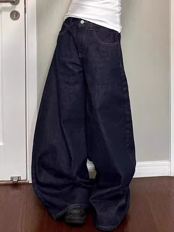 Washed baggy high waist straight mopping jeans