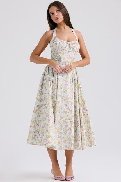 pale blue meadow print cotton halter sundress
