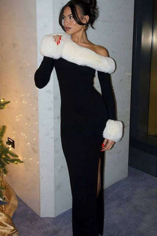 Faux Fur Trim Off Shoulder Long Sleeve Bodycon Maxi Gown