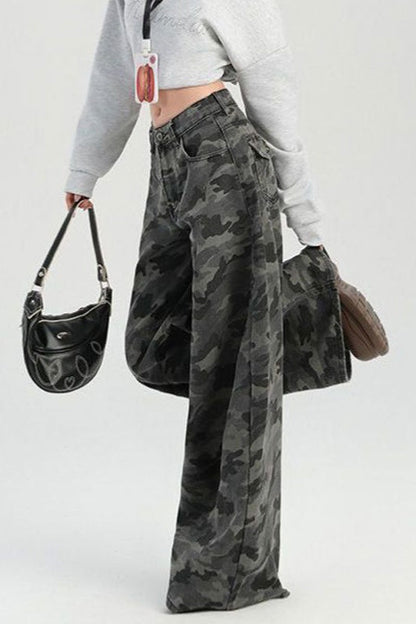 Camouflage Wide Leg High Waist Relaxed Jeans