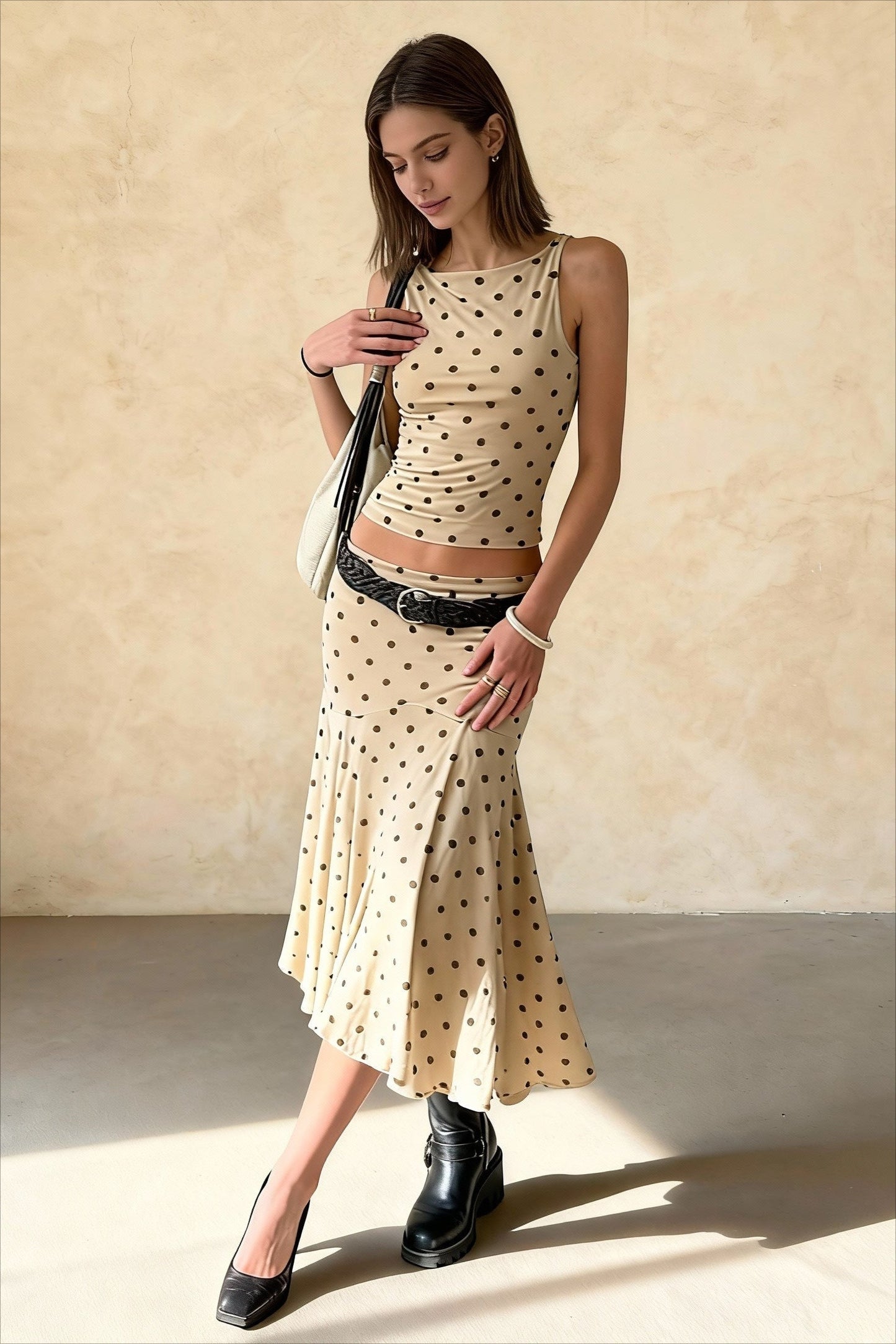 Polka Dot Ruched Maxi Two Pieces Set