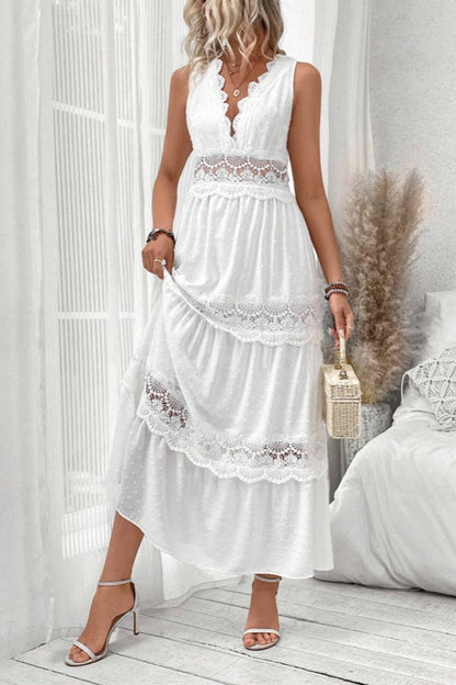 Swiss Dot Lace Inset Scoop Neck Sleeveless Tiered Maxi Dress