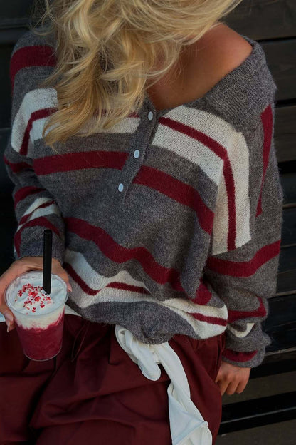 Color Block Polo Collar Pullover Knit Sweater