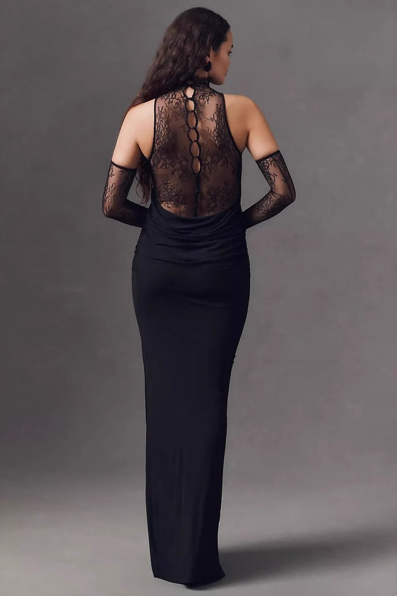 Mock Neck Lace Cowl Overlay Ruched Column Maxi Dress