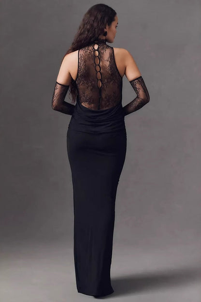 Mock Neck Lace Cowl Overlay Ruched Column Maxi Dress