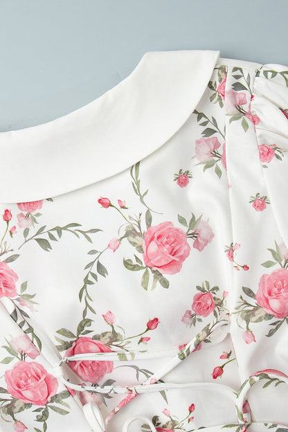 Floral Print Oversized Pointed Collar Puff Sleeve Button Front Tiered Mini Dress