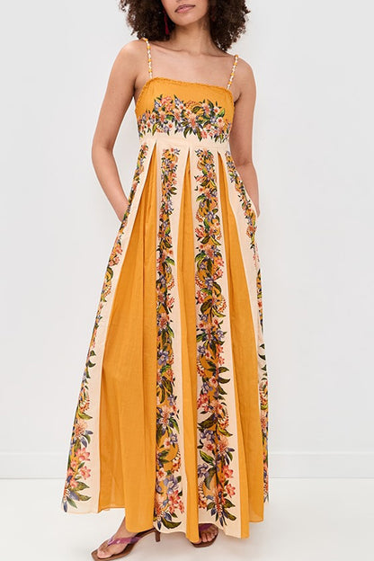 Bloom Bright Linen Blend Floral Print Beaded Shoulder Straps Pocket Maxi Dress