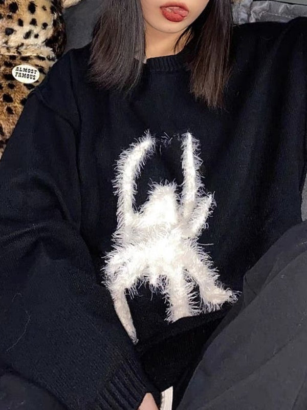 Plush Spider Print Loose Sweater