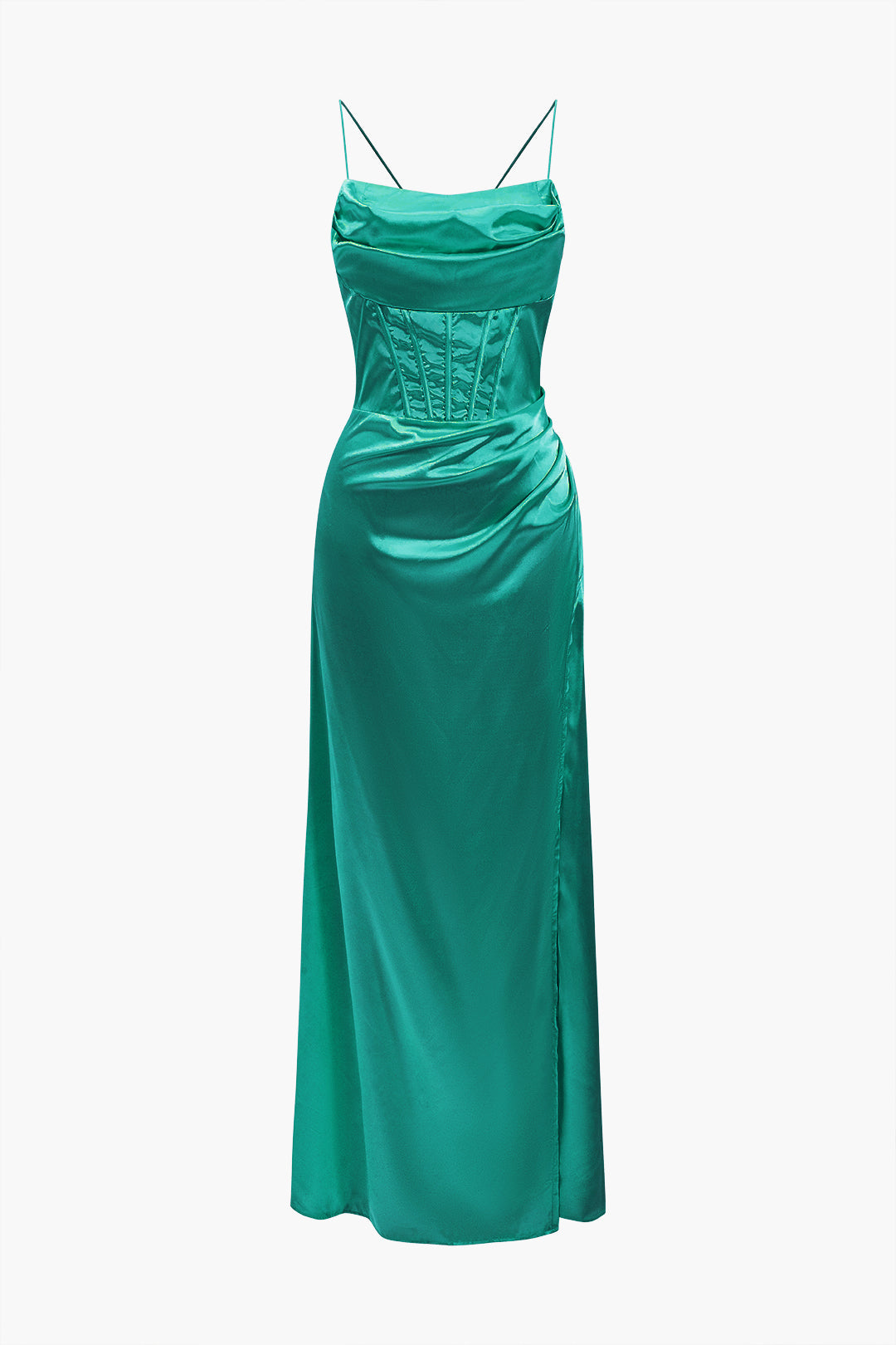 Cowl Neck Corset Bodice Spaghetti Strap Satin High Slit Maxi Dress