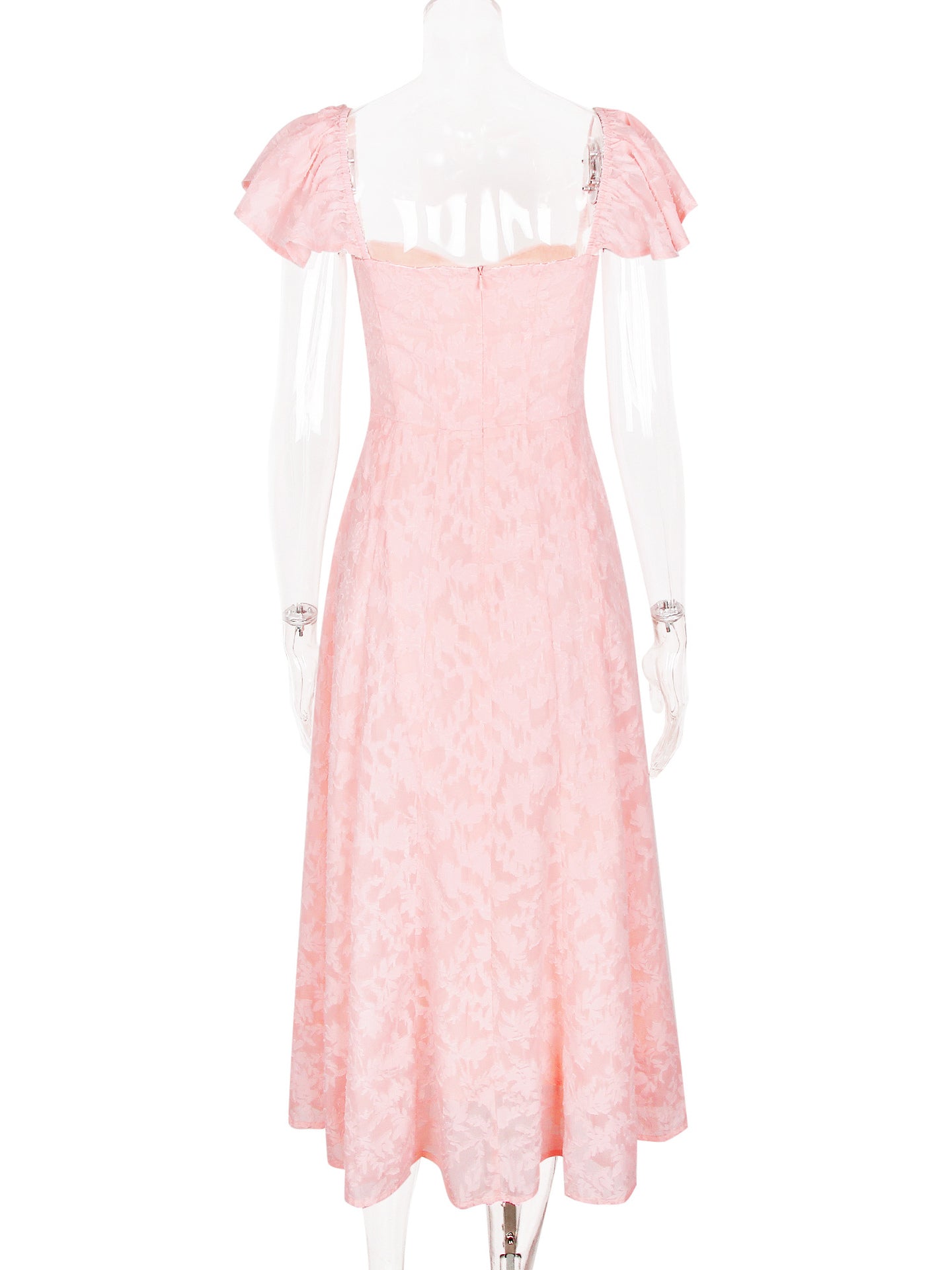 Floral Jacquard Soft Pink Dress With Butterfly Sleeve A-line Midi Party Dress For Women 2026