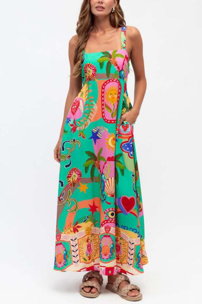 Unique Print Square Neck Spaghetti Strap Back Pleated Casual Maxi Dress
