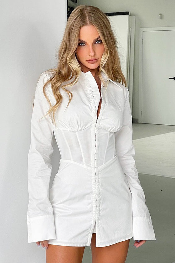 Collared Corset Panel Button Front Long Sleeve Mini Shirt Dress