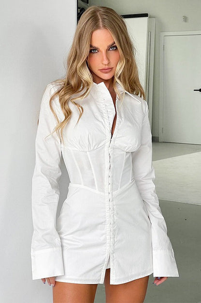 Collared Corset Panel Button Front Long Sleeve Mini Shirt Dress