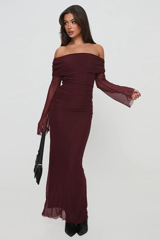 Off Shoulder Mesh Long Sleeve Ruched Bodycon Mesh Overlay Maxi Dress