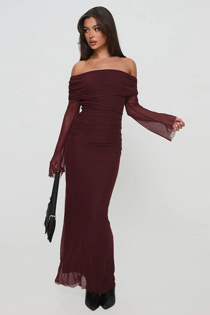Off Shoulder Mesh Long Sleeve Ruched Bodycon Mesh Overlay Maxi Dress