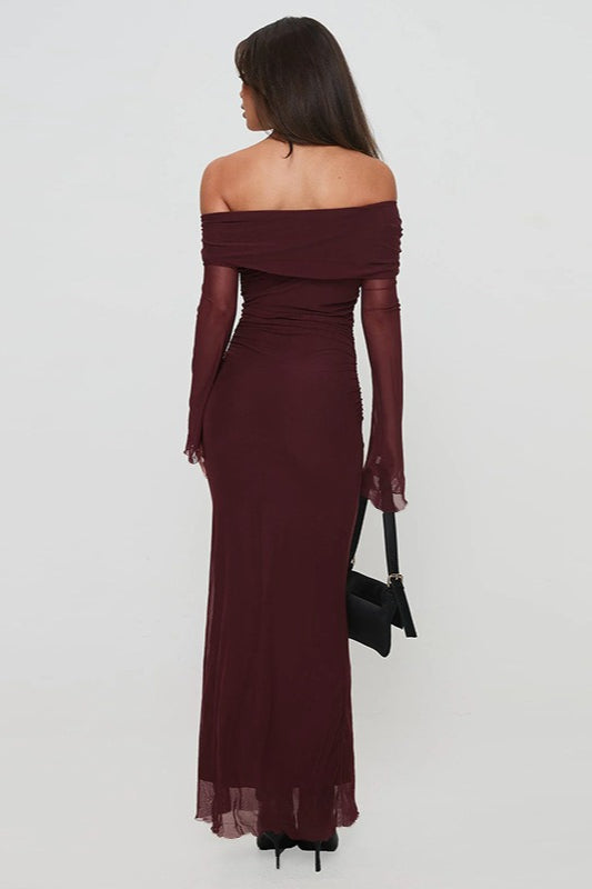 Off Shoulder Mesh Long Sleeve Ruched Bodycon Mesh Overlay Maxi Dress