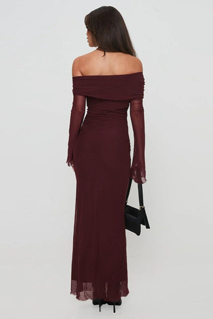 Off Shoulder Mesh Long Sleeve Ruched Bodycon Mesh Overlay Maxi Dress